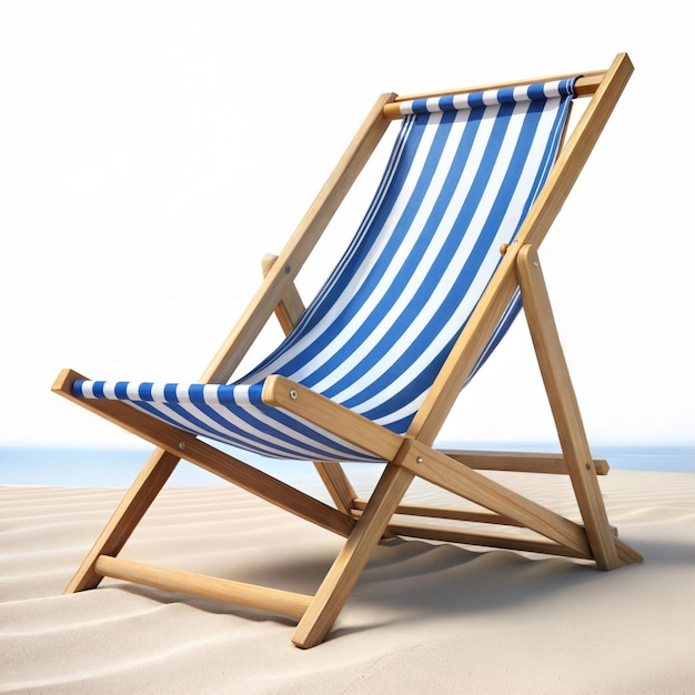 Blue and white striped beach chair on sandy shore under clear sky