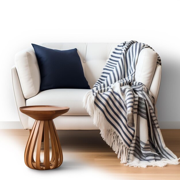 a blue and white striped blanket is on a couch