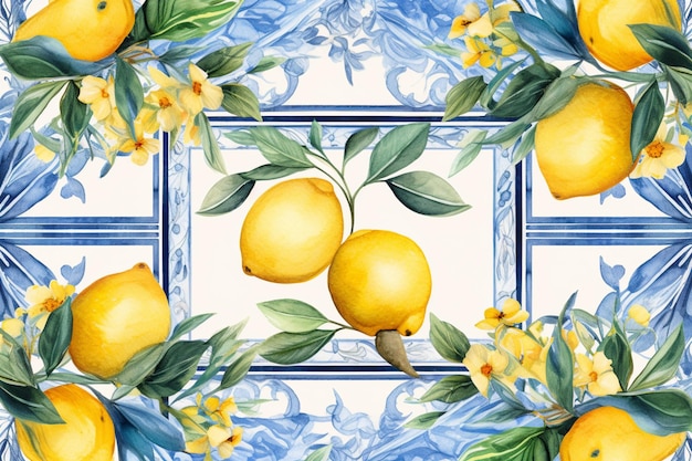 A blue and white striped tile with lemons on it.