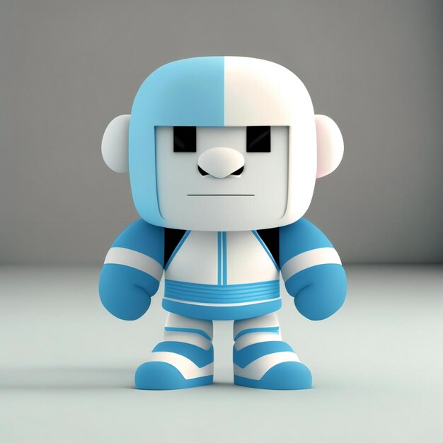 a blue and white stuffed animal with a black and white outfit.