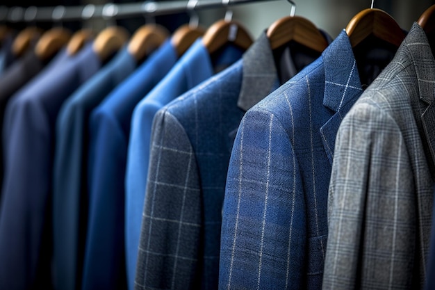 Blue and white suits on a rack, one of which is blue and the other is blue.