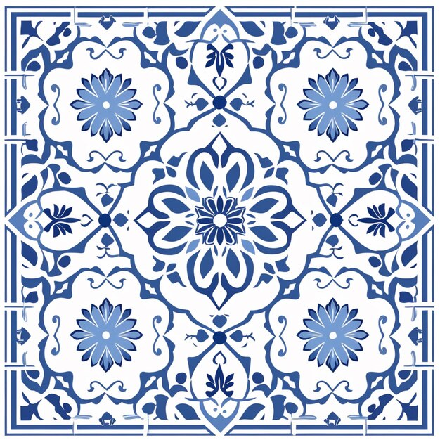 a blue and white tile with a floral design generative ai