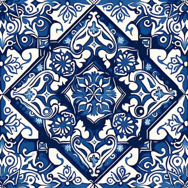 꽃 무늬가 있는 파란색과 흰색 타일.