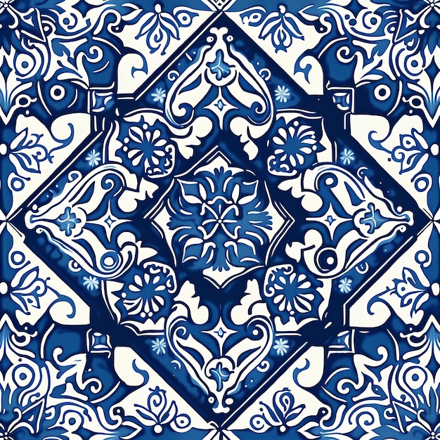 A blue and white tile with a floral design.