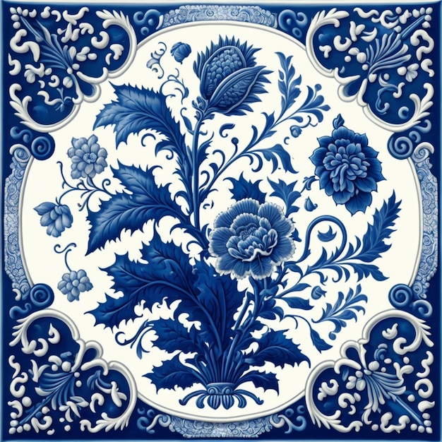 A blue and white tile with a floral design.