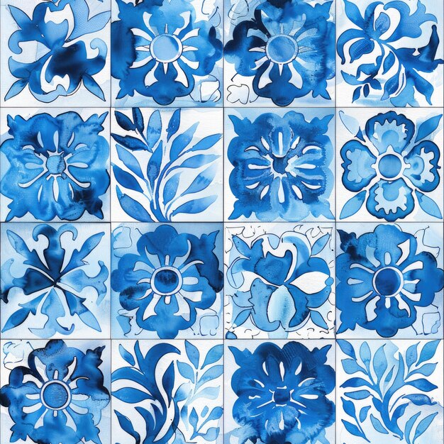 Photo a blue and white tile with flowers in blue and white