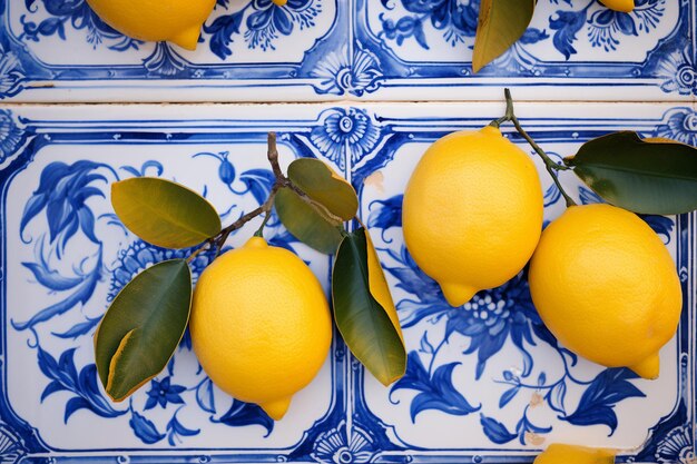 Foto piastrella blu e bianca con limoni in stile spagnolo