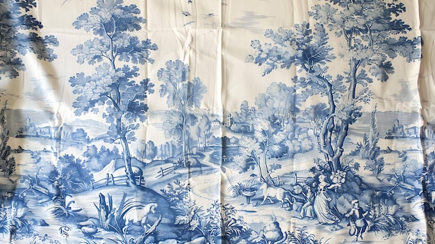 Blue and white toile fabric with a pastoral scene The pattern features peasants animals and a grand house in the background