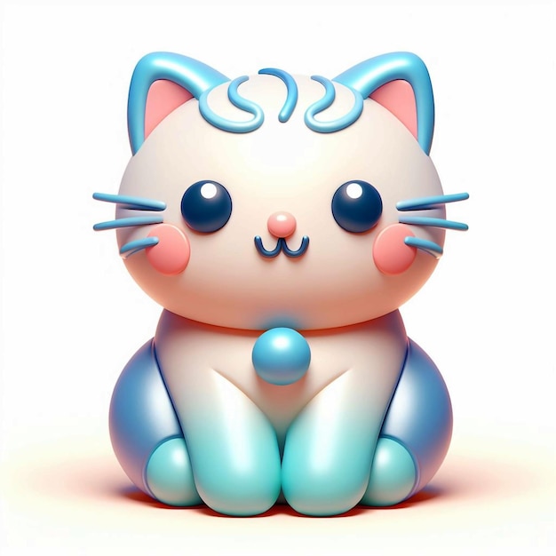 a blue and white toy cat with a blue bow on its neck