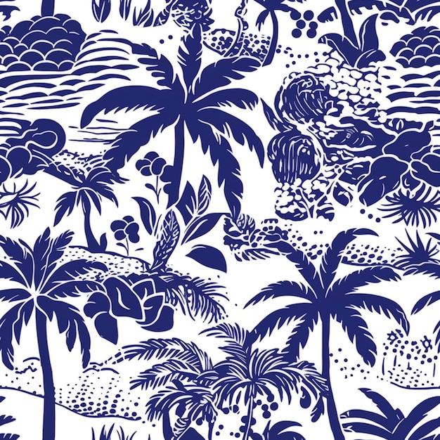 a blue and white tropical print with palm trees and clouds generative ai