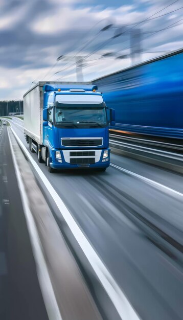 Photo a blue and white truck on the highway moving at high speed