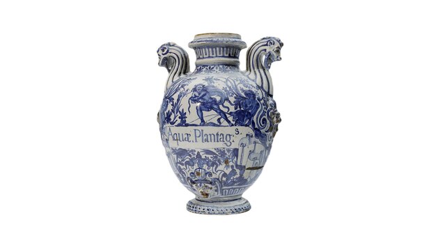 Сине-белая ваза с синим узором и надписью "felig" на ней.
