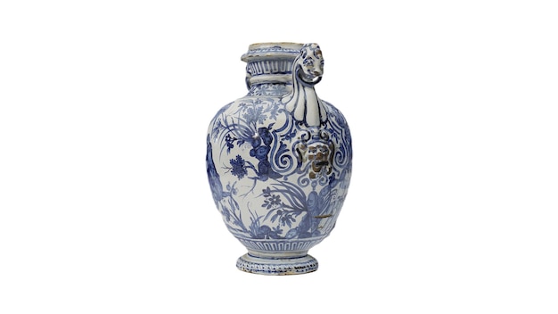 A blue and white vase with a floral design on the bottom.