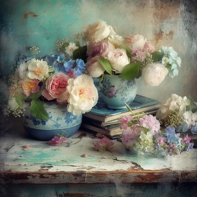 A blue and white vase with flowers on it is sitting on a table.