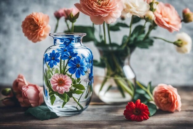 Photo a blue and white vase with flowers and a red one