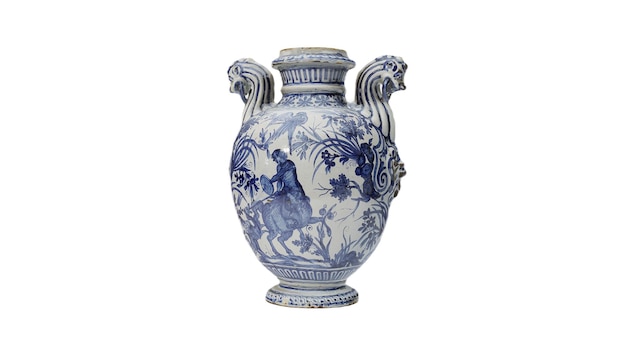 A blue and white vase with a man on the top of it