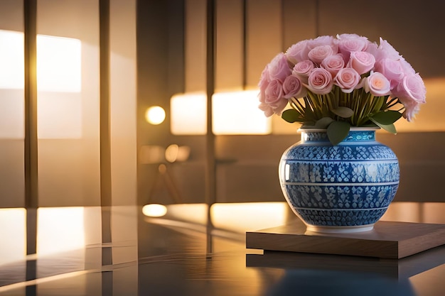 A blue and white vase with pink roses on a table