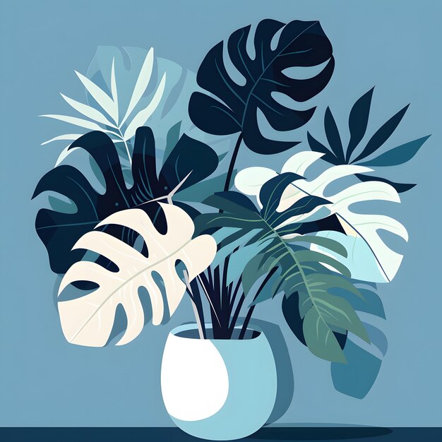 a blue and white vase with a plant in it