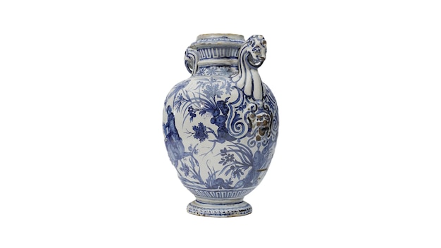 A blue and white vase with a woman on the front.