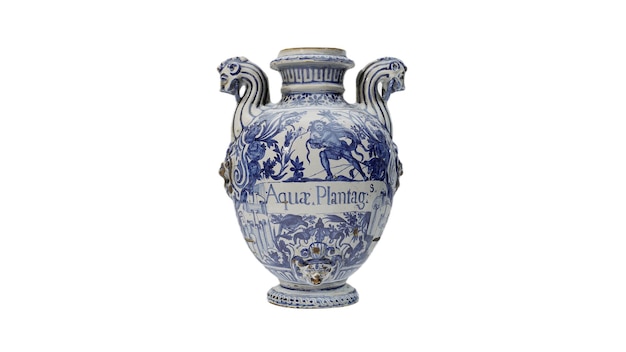Бело-голубая ваза с надписью "Акварастение" на ней.