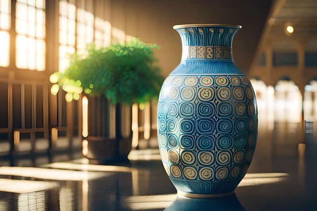 Photo a blue and white vase with a yellow design on it