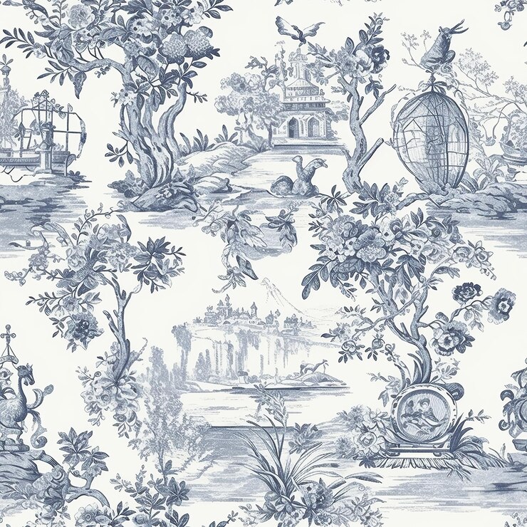 A blue and white wallpaper with a bird on it.