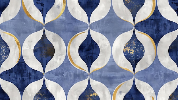 a blue and white wallpaper with a pattern of circles and a gold leaf