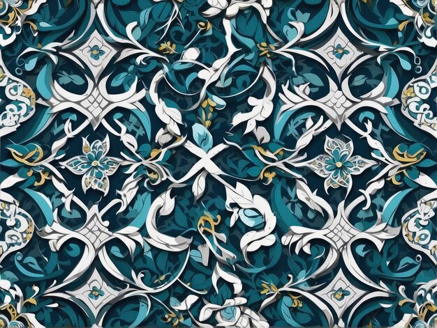 a blue and white wallpaper with a pattern of flowers and leaves