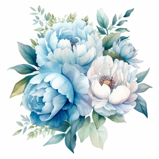 Blue And White Watercolor Peonies Neat Arrangement Clipart In Duck Egg Blue Hues