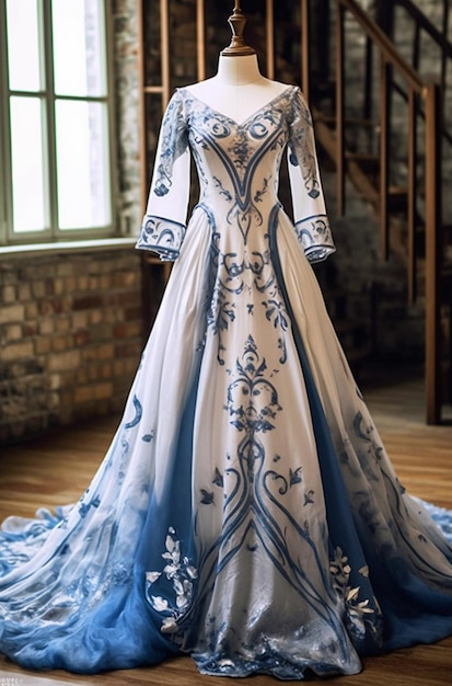A blue and white wedding dress with a floral pattern