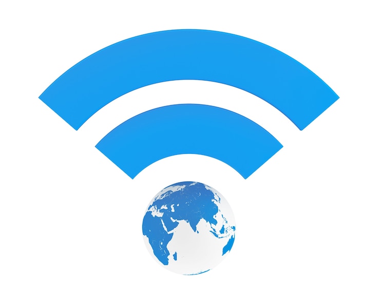 Photo blue wifi symbol with earth globe on a white background