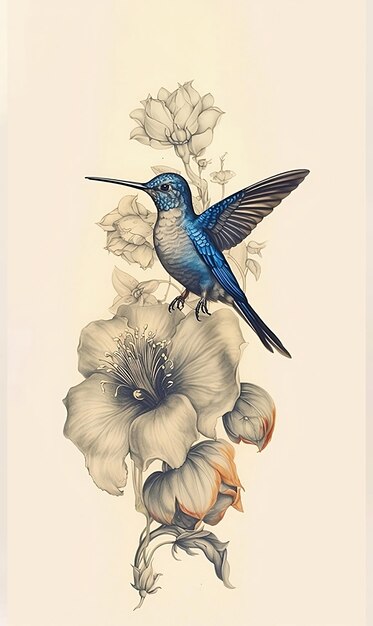 Foto uccello colibrino ad ala blu con fiore disegno anatomico illustrazione dell'uccello collibrino generativo ai
