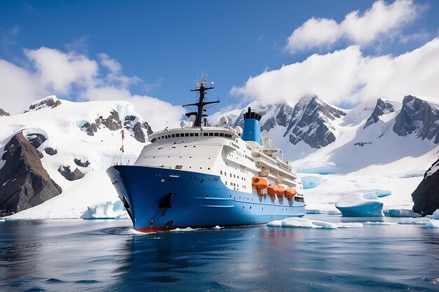 Photo blue with white tourist ship summer day in antarctic waters