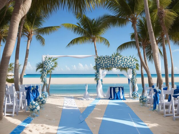 Blue and withe wedding aisle in a beach surrounded
