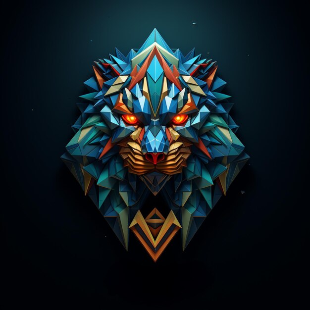 A blue wolf head on blacklit room in the style of colorful layered forms and conceptual art pieces