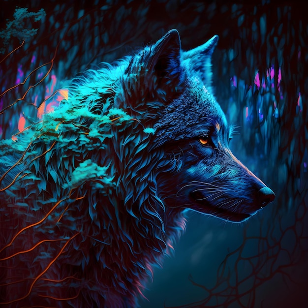 파란 눈과 보라색 배경을 가진 파란 늑대.