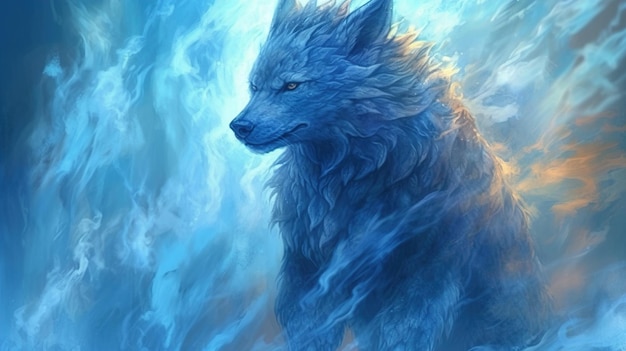 A blue wolf with a blue face and a blue tail stands in the snow