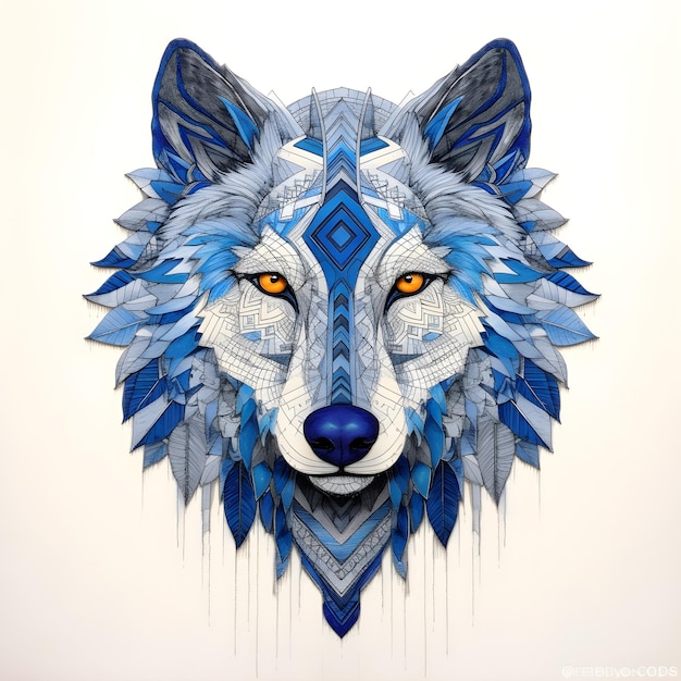 A blue wolf with a white face and yellow eyes.