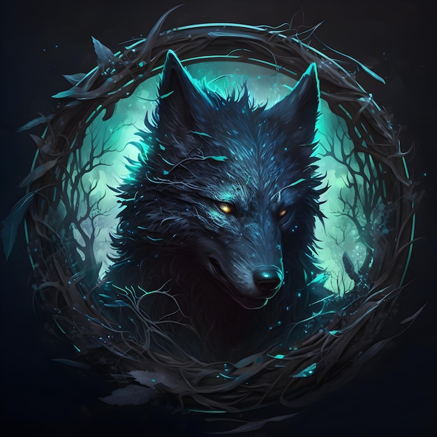 A blue wolf with a wreath in the center