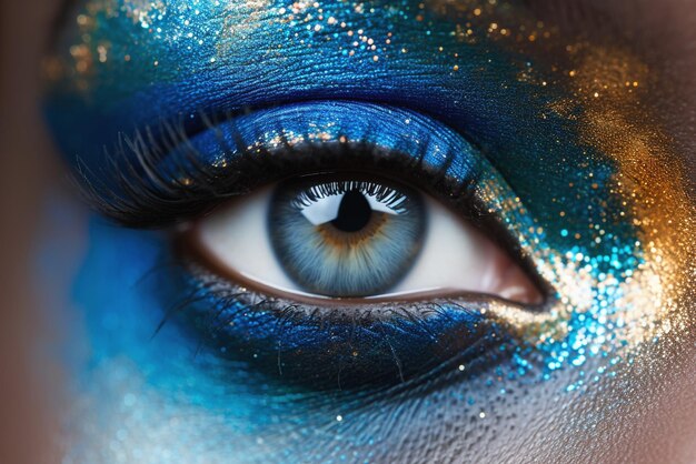 blue womans eye with perfect black eyelashes colorful makeup around the eye