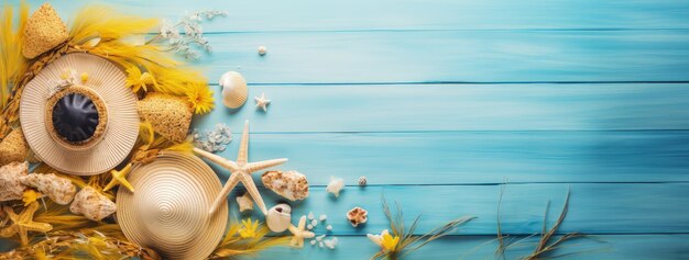 Blue wooden background with beach objects straw hat and seashells summer background AI