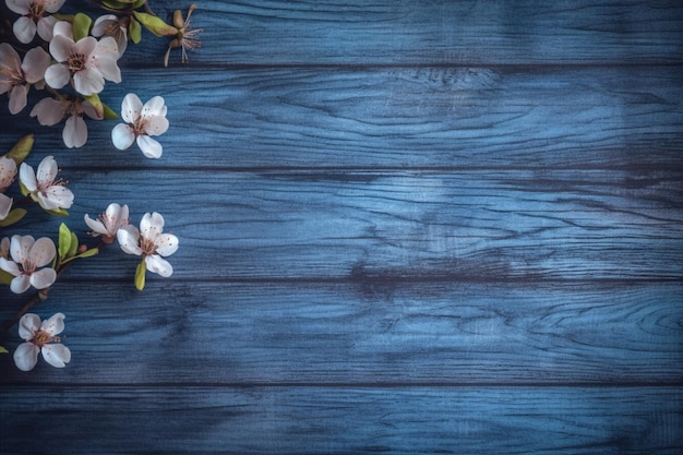 A blue wooden background with flowers on it