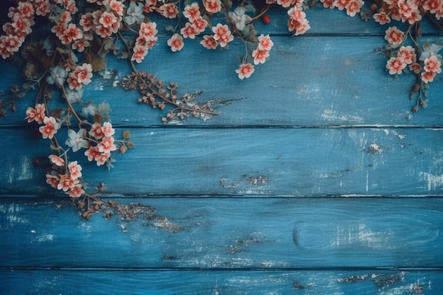 A blue wooden background with flowers on it