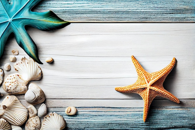 A blue wooden background with sea shells and starfish on it