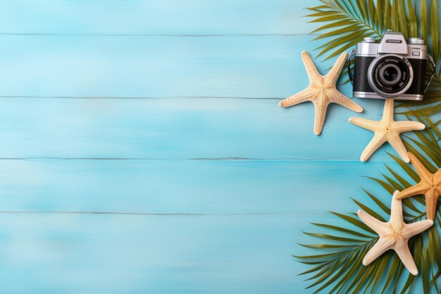 Photo blue wooden background with starfish and old photo camera generative ai