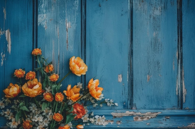 A blue wooden board with flowers on it