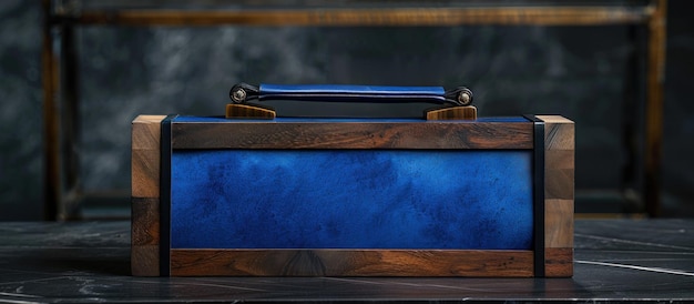 Photo blue and wooden box on table