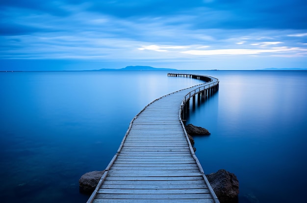 Blue A wooden bridge extends to the sea wallpaper background