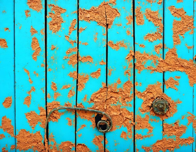 A blue wooden door with rusted paint and a handle.
