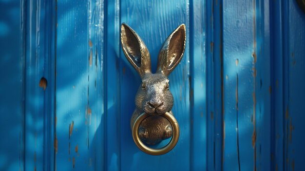 Photo blue wooden front door with bronze rabbit head door knocker holding a ring in its mo generative ai